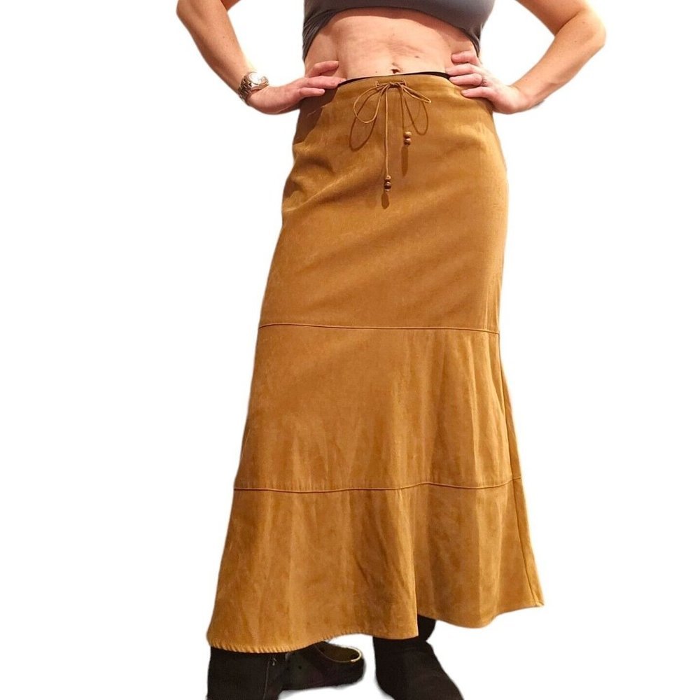 90s M Camel Tan Faux‎ Suede Tiered Maxi Skirt Boho Neutral